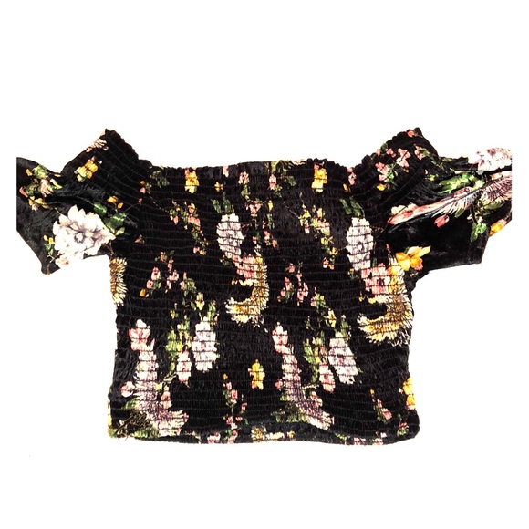 Blue Blush Tops - Black floral velvet crop top